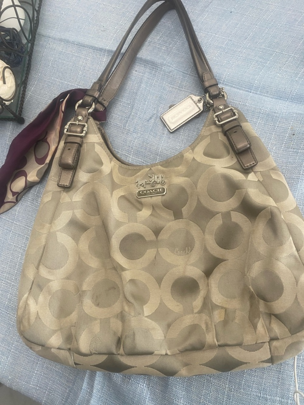 Coach Taupe Signature Hobo Shoulder Bag with Leather Trim